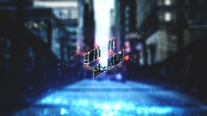 Rainy Cityscape with Abstract Logo
