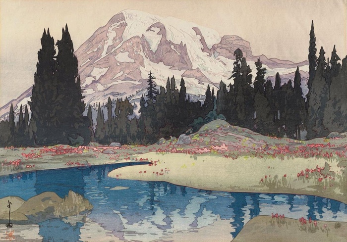 Mount Rainier and a stream by Yoshida Hiroshi
