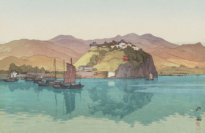 Yoshida Hiroshi painting of a Japanese harbor with boats and mountains