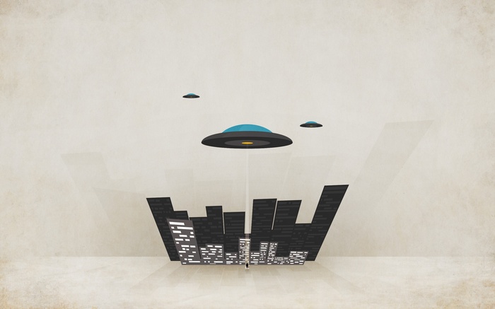Minimalist UFOs hovering over a stylized city