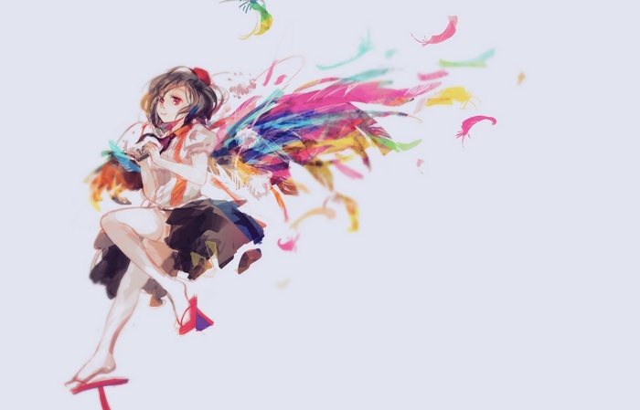 Shameimaru Aya with colorful wings and feathers
