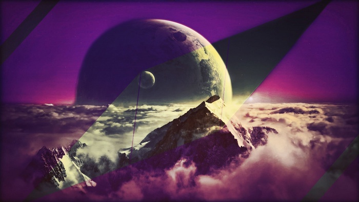 Planet and moon above snowy mountains and clouds