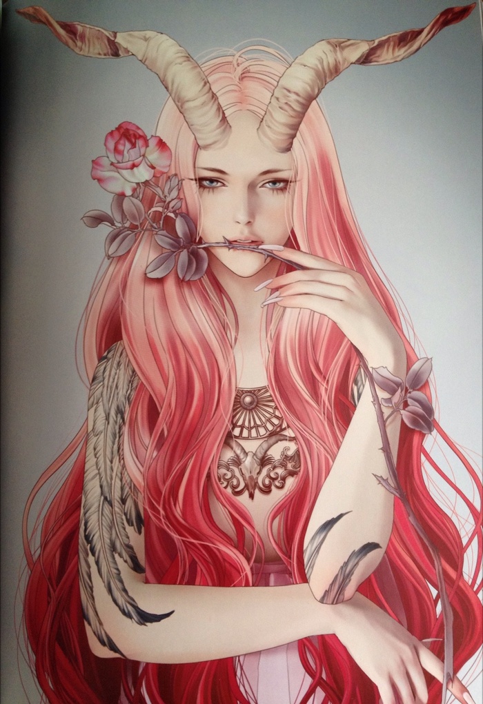 Woman with pink hair, horns, and rose tattoo