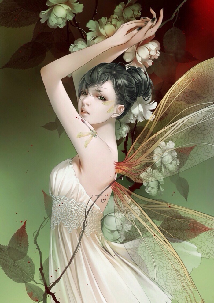 Fairy with white flowers and dragonfly tattoo