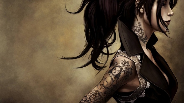 Woman with tattoos and black hair