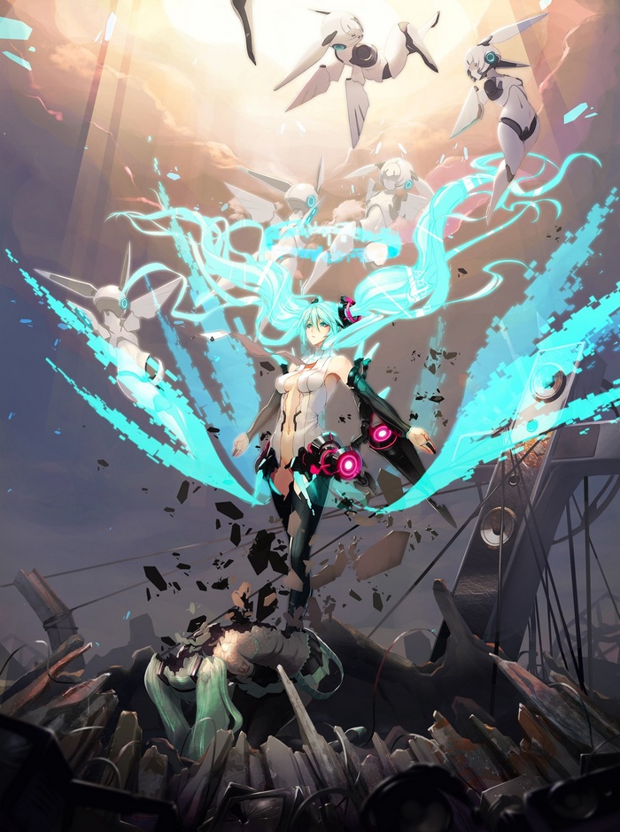 Hatsune Miku and robots in a destroyed landscape