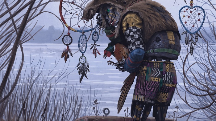 Artwork of a vagabond robot holding a pheasant