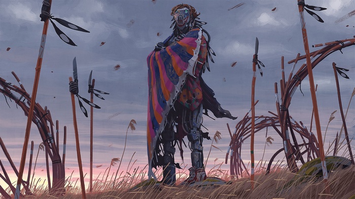 artwork, science fiction, vagabonds, digital art, Native American clothing, Things from the Flood, Rogue, robot, Simon Stålenhag