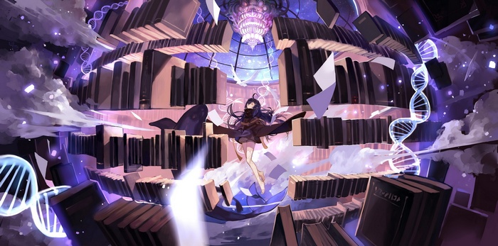 Anime girl floating in a library of books and DNA strands