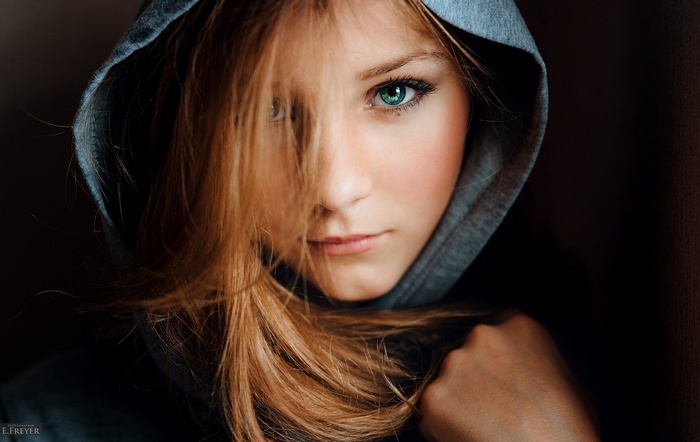 Evgeny Freyer blonde girl with blue eyes in a hood