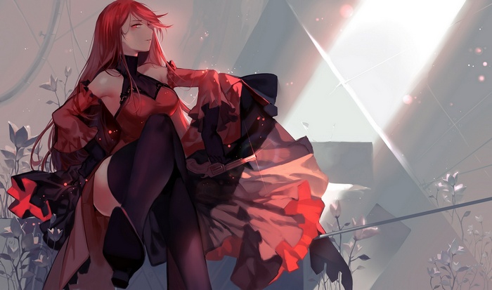 Elsword anime girl with red hair and dress