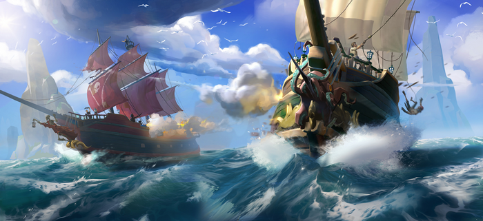 Pirate ships battle on the high seas