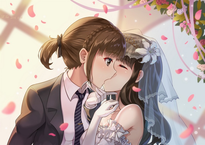 yuri, anime, anime girls, short hair, Love Live! Sunshine, brunette, wedding dress, Love Live!, brown eyes, long hair
