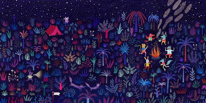 Animals dancing around a campfire under starry night sky