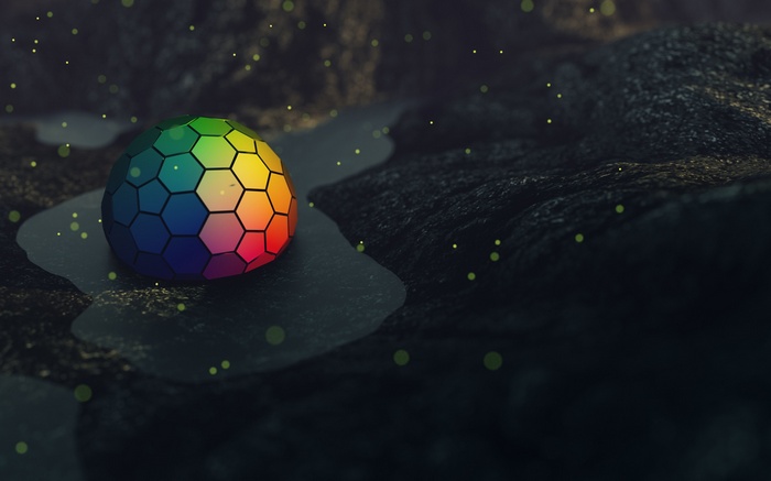 Colorful Hexagonal Sphere on Dark, Textured Ground with Fireflies