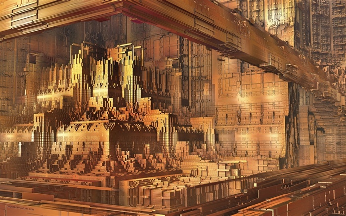Abstract fractal cityscape with golden structures