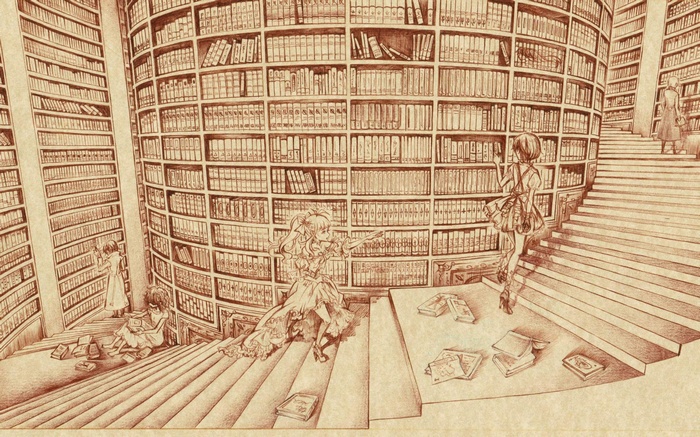 Anime library with people reading and browsing books