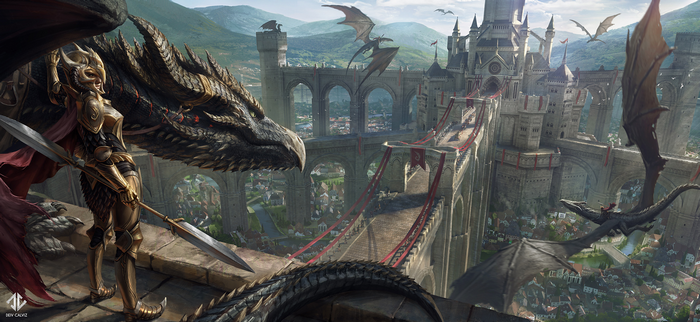 A knight and dragon guard a castle with flying dragons