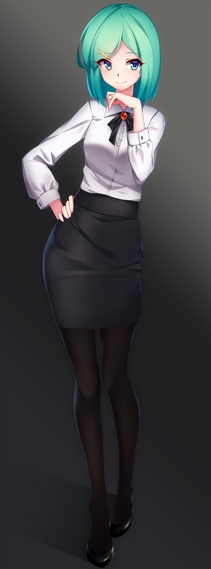 Anime girl with teal short hair and blue eyes