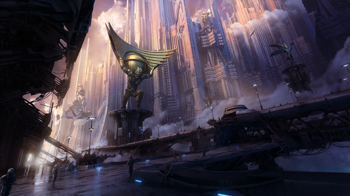 Futuristic city with a statue of Atlas
