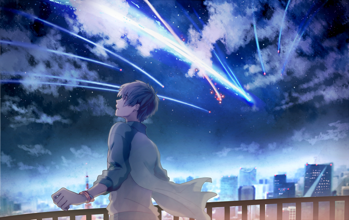 Kimi no Na Wa anime scene with shooting stars over city