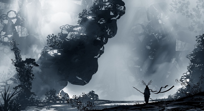 Fantasy art of a figure with antlers in a misty landscape