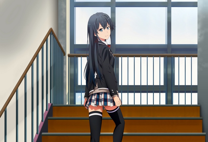 black hair, anime, blue eyes, anime girls, stockings, long hair, Yukinoshita Yukino, Yahari Ore no Seishun Love Comedy wa Machigatteiru, thigh-highs, skirt