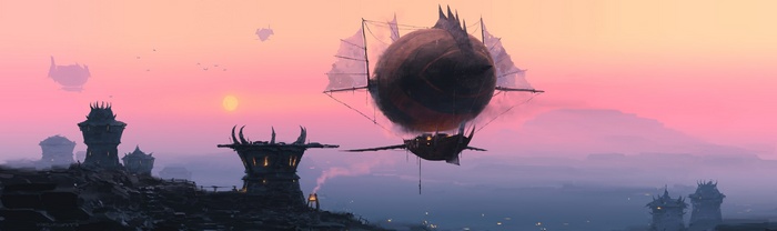 Orgrimmar airships and towers at sunset