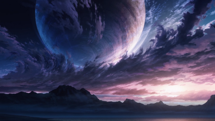 Planet and clouds over mountains and water