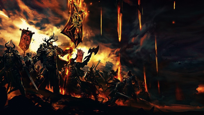 Fantasy warriors with banners in a fiery landscape