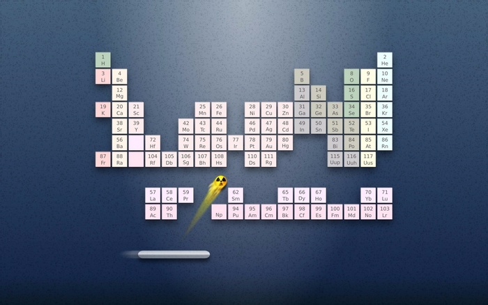 Periodic table with radioactive element in Arkanoid style
