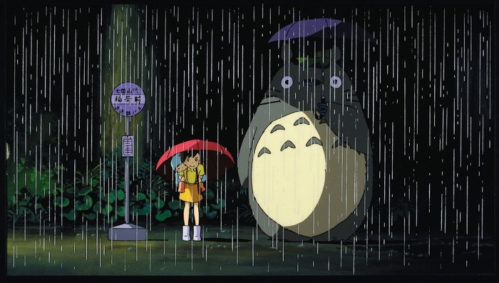 My Neighbor Totoro: Girl and Totoro at Bus Stop in Rain
