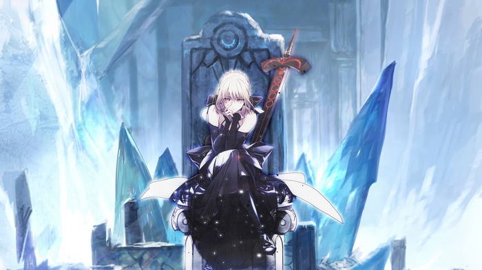 Saber Alter sits on a throne with a sword