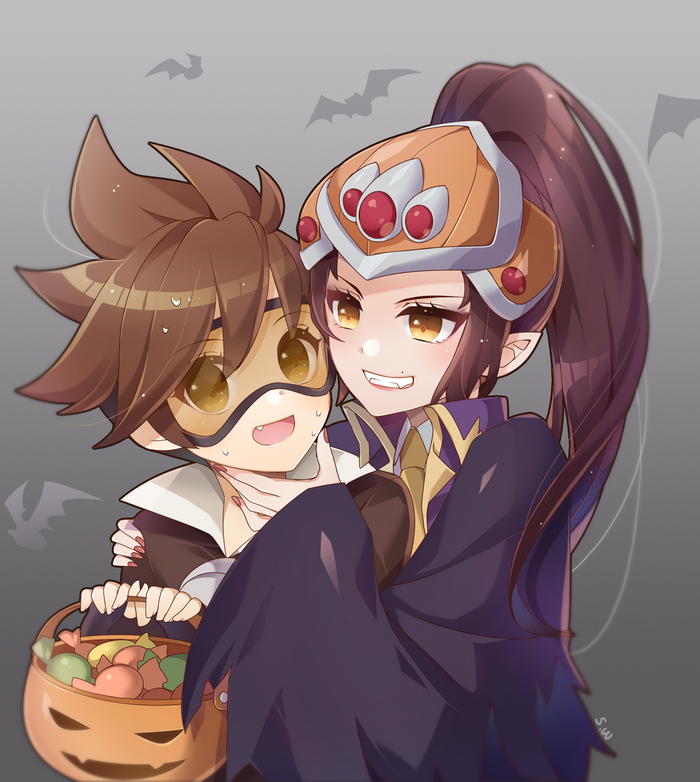 Tracer and Widowmaker in Halloween costumes