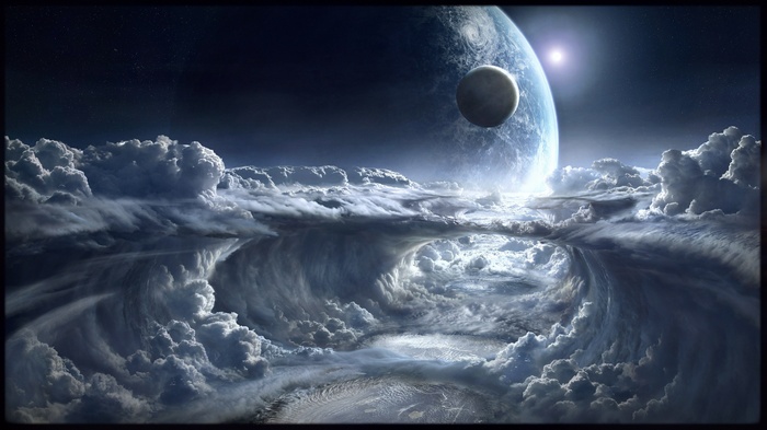 Planet and moon in space with clouds