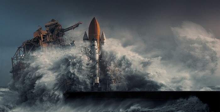 Space Shuttle Discovery in a Storm at Sea