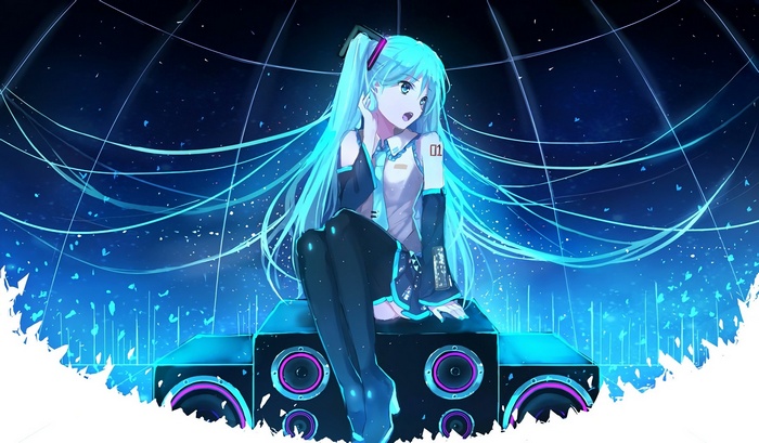 Hatsune Miku sitting on speakers with blue lights