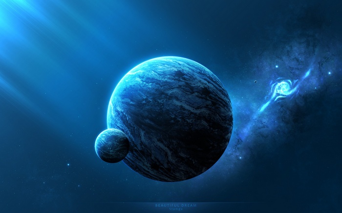 Two planets in deep space with a nebula