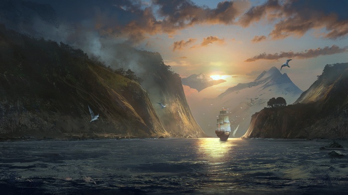 Sailing Ship in a Mountainous Fjord at Sunset