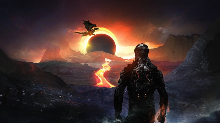 Dragon and armored figure near a solar eclipse and lava flow