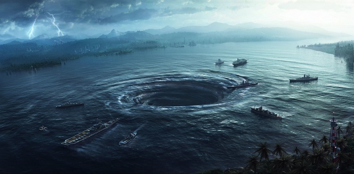 Ships near a giant whirlpool during a thunderstorm