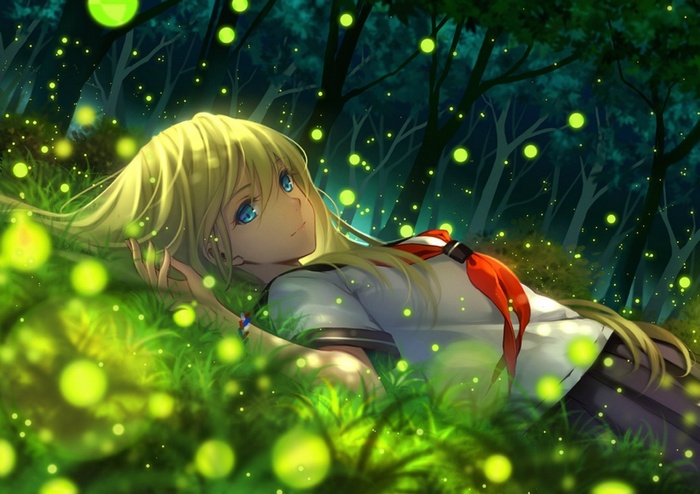 Anime girl lying in a forest with fireflies