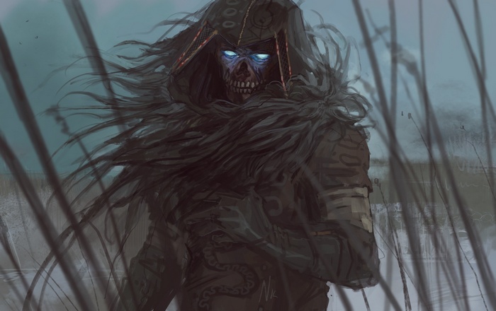 A skeletal demon with glowing blue eyes in a dark hood