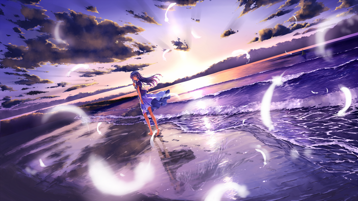 Anime girl on a beach at sunset with feathers