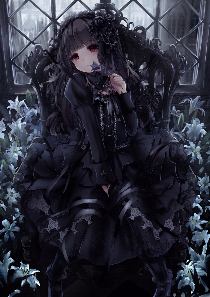 Anime girl with red eyes in gothic lolita dress