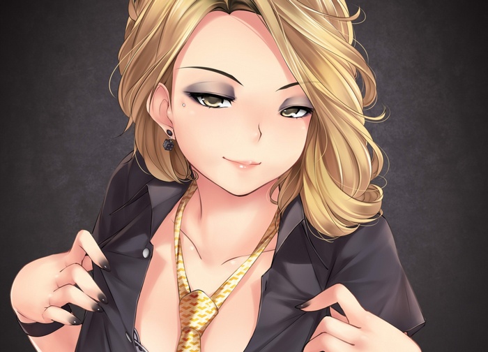 Anime girl with blonde hair and yellow eyes wearing a tie