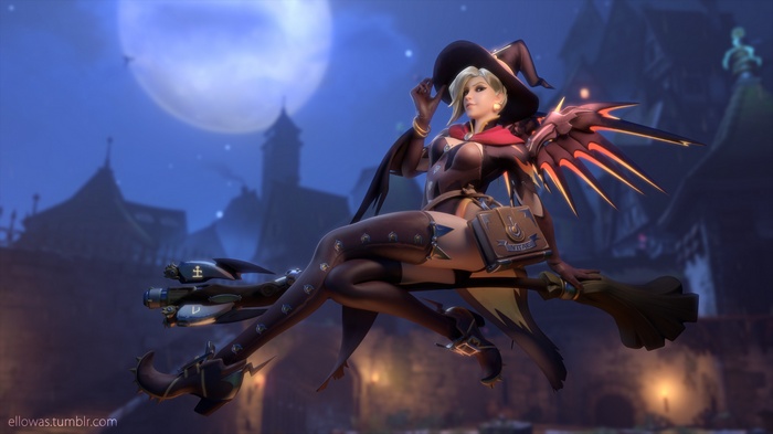 Mercy in Witch Costume Flying on a Broomstick
