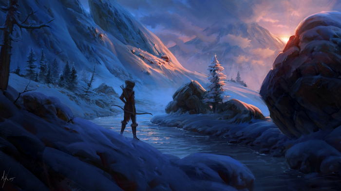 Archer in a snowy mountain pass at sunset