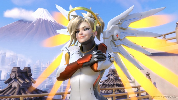 Mercy from Overwatch with Mount Fuji in the background