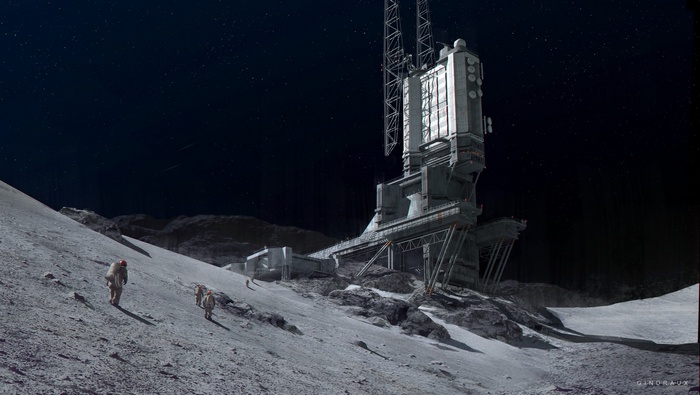 Astronauts walk towards a futuristic space station on the moon
